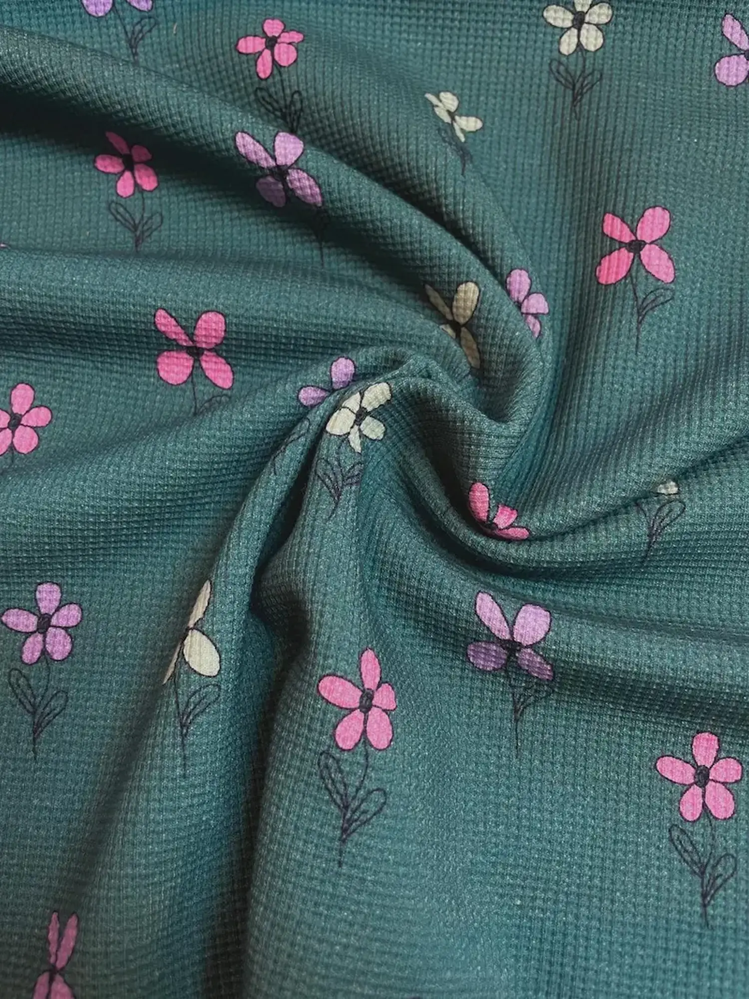 Waffel-Jersey Stoff petrol / bunte Blumen Waffel-Jersey Stoff petrol / bunte Blumen