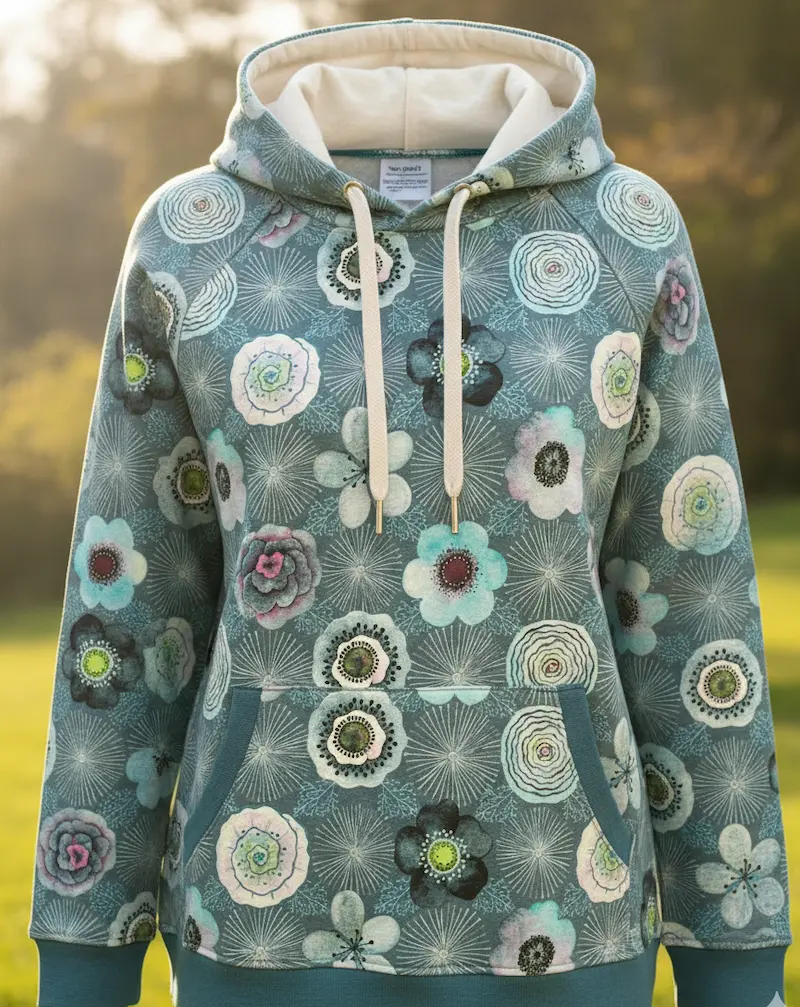 Ein hochwertiger Damen-Hoodie mit Kapuze, genäht aus blau-türkisfarbenem French Terry Stoff mit großen, abstrakten Blumenmotiven. Ideale Meterware für gemütliche Hoodies und Sweatshirts.