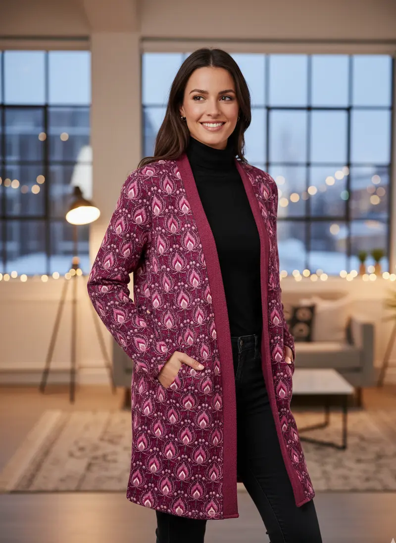 Eine lächelnde Frau in einem modern eingerichteten Raum trägt einen selbstgenähten, langen Cardigan aus beerenfarbenem Alpenfleece-Stoff mit einem eleganten Ikat-Muster.