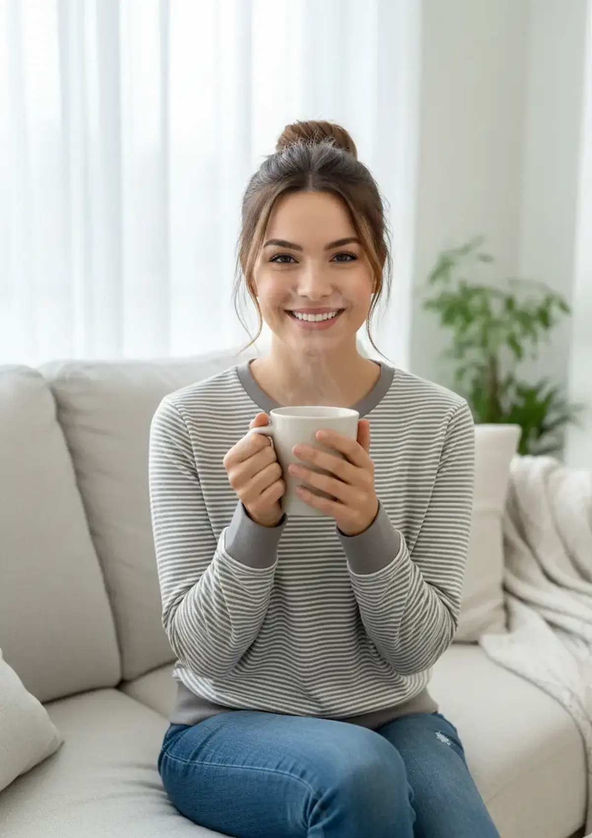 Lächelnde Frau auf einem Sofa trägt ein langärmeliges Shirt aus grau-weiß gestreiftem Baumwolljersey und hält eine Tasse Tee.