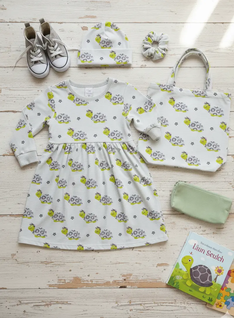 Designbeispiel für Jersey-Meterware: Ein selbstgenähtes langärmeliges Kinderkleid mit gerafftem Rockteil, eine passende Stofftasche, eine Beanie-Mütze und ein Scrunchie aus hellgrauem Stoff mit Schildkröten-Muster auf Holzboden.