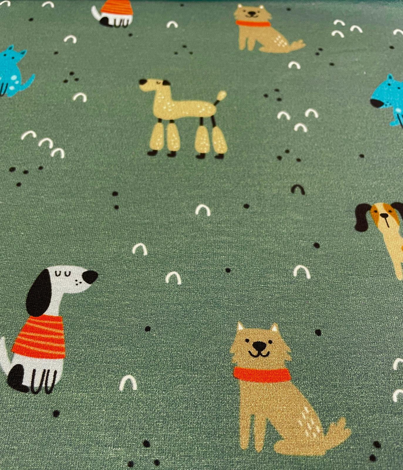 French Terry Stoff grün/grau mit Hunden