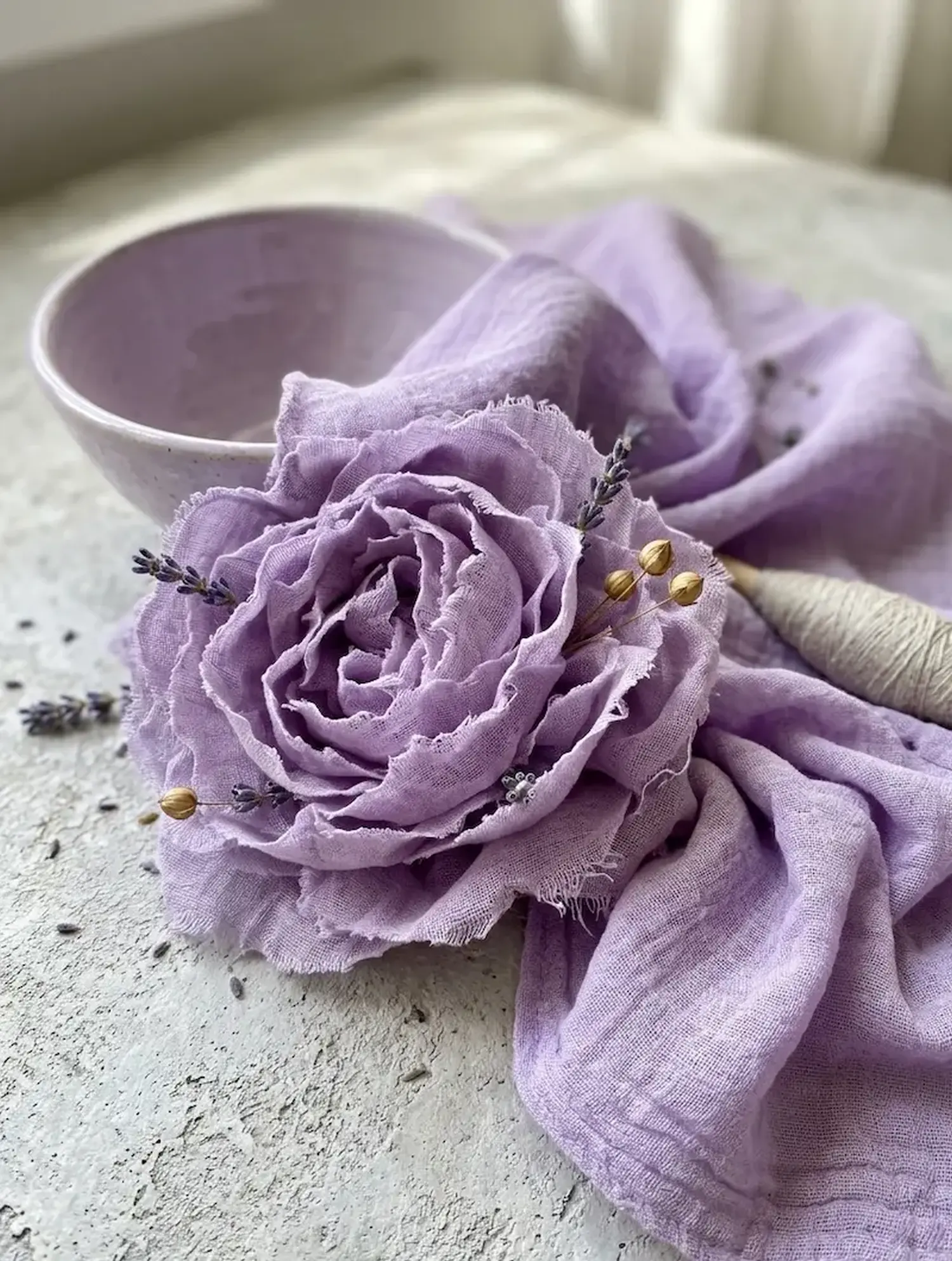 Detailaufnahme von fliederfarbenem Musselin-Stoff, der kunstvoll zu einer Rose geformt ist, um die weiche Crinkle-Struktur und die feine Webart der Meterware zu zeigen.
