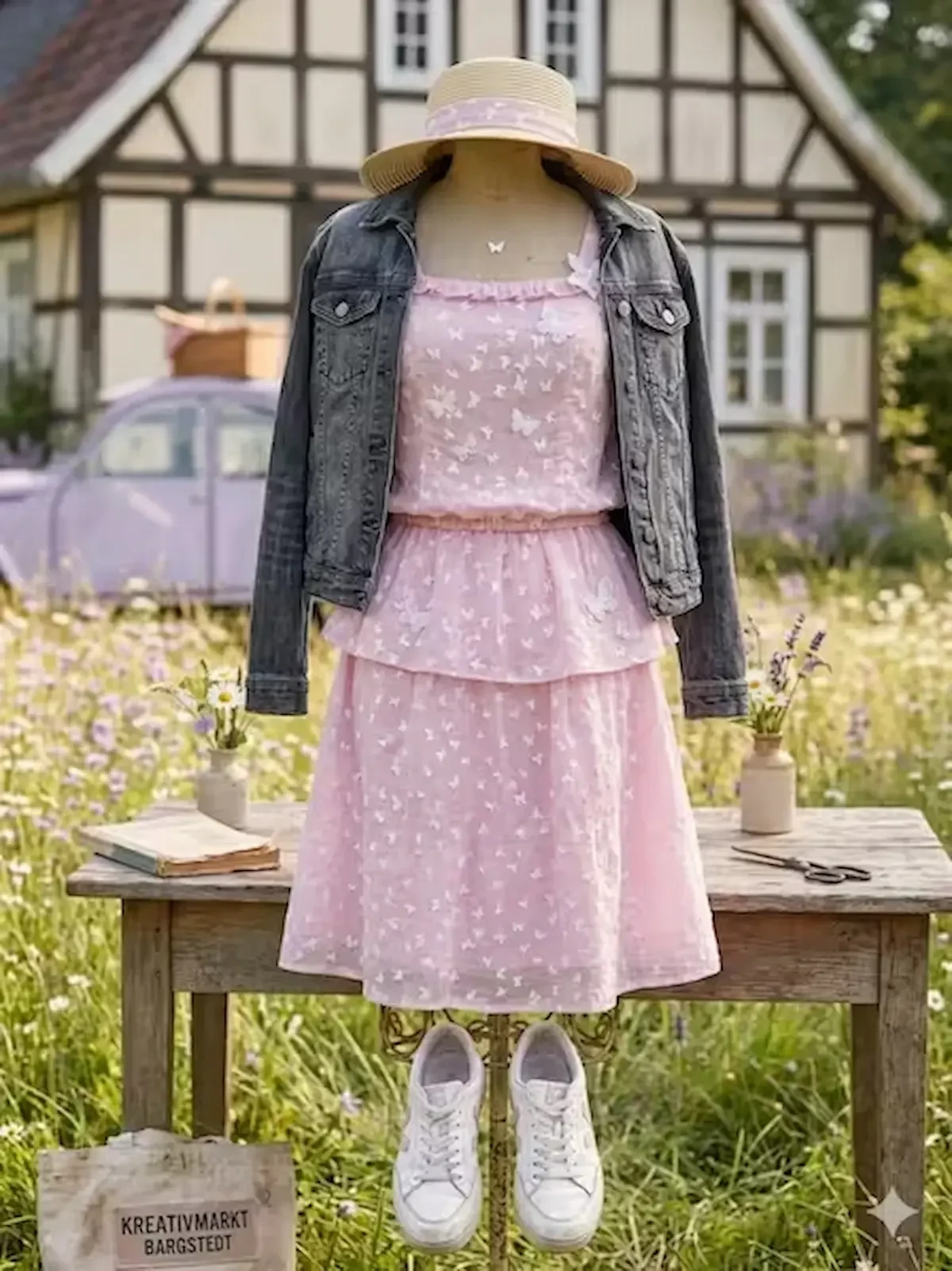 Leichter, transparenter Baumwoll-Batist-Stoff als Meterware in Rosa mit zarter Schmetterlingsstruktur, verarbeitet als sommerliches Stufenkleid auf einer Schneiderpuppe im Freien.