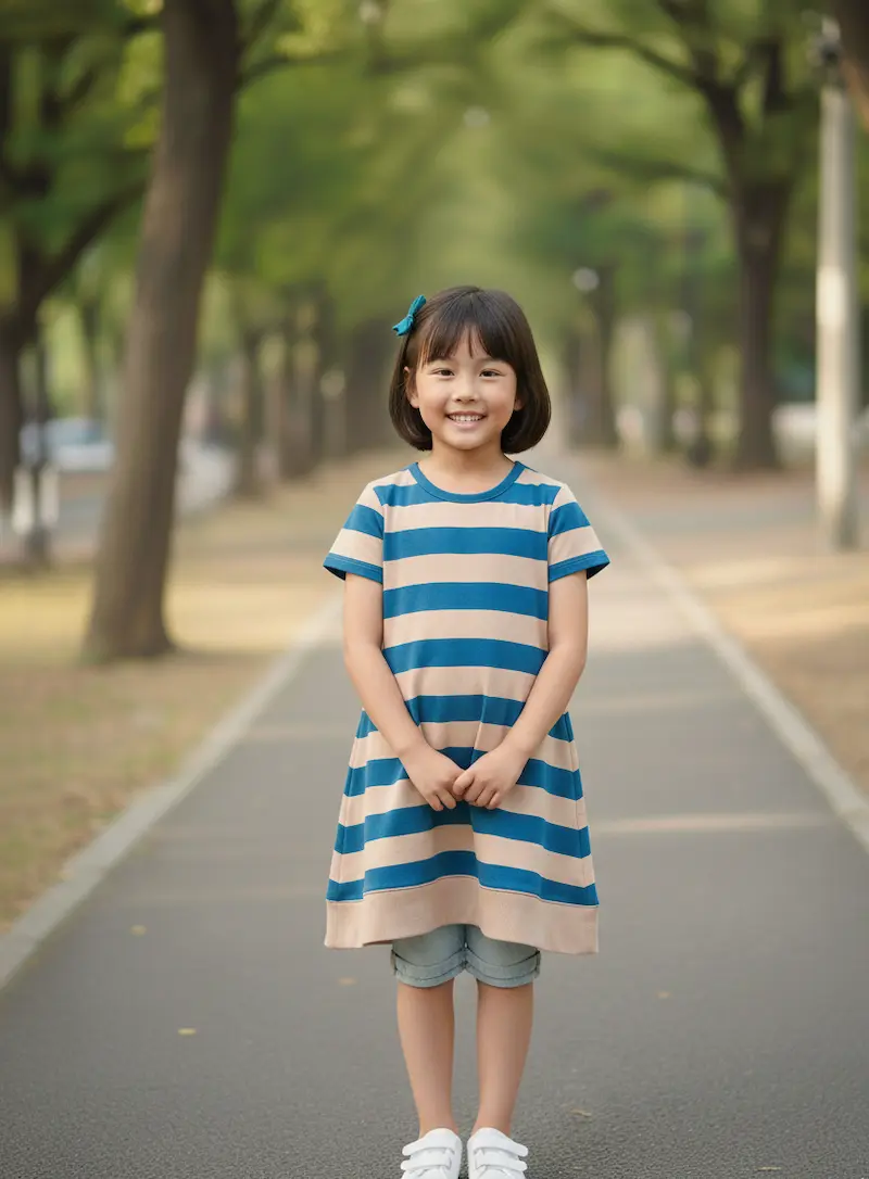 Hochwertiger French Terry Stoff mit breiten horizontalen Streifen in Blau und Beige, genäht als sommerliches Kinderkleid.