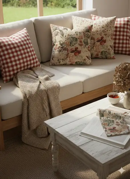 Dekorative Kissen im Landhausstil mit roten Karos und Blumenmustern auf einer hellen Couch, kombiniert mit einer Strickdecke – Hochwertige Stoffe für Landhaus-Dekoration von Stoffpfau.