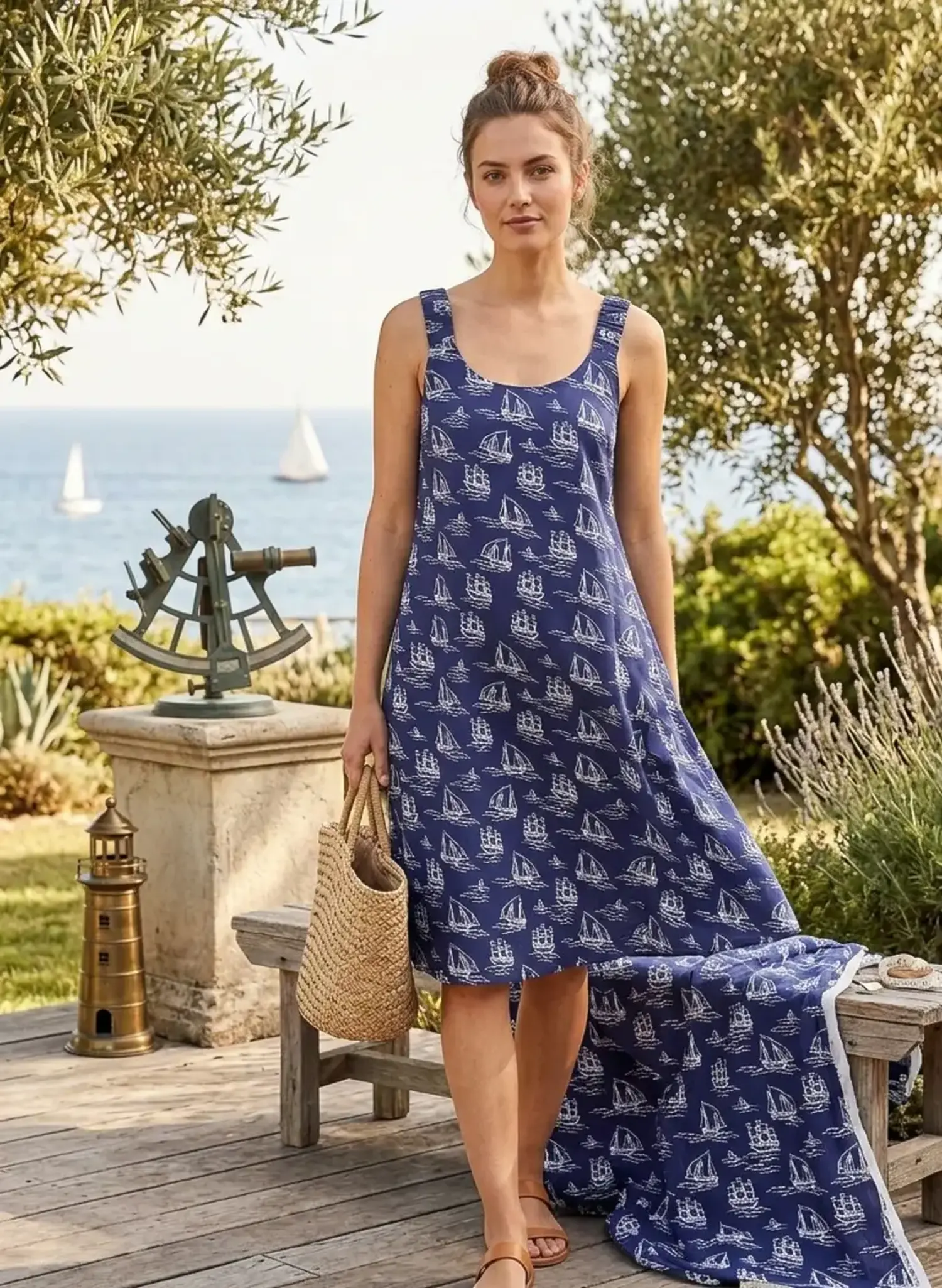 Sommerliches Kleid aus blau-weißer Viskose Webware mit Segelschiff-Print, präsentiert von einer Frau in maritimer Umgebung am Meer.