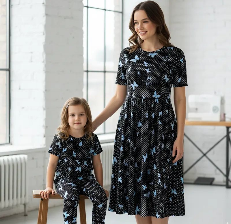 Eine Frau in einem wadenlangen, kurzärmeligen Kleid und ein auf einem Hocker sitzendes Kind in einer passenden Kombination aus T-Shirt und Leggings präsentieren ein selbstgenähtes Outfit im Partnerlook. Die Kleidung besteht aus schwarzem Jersey-Stoff mit