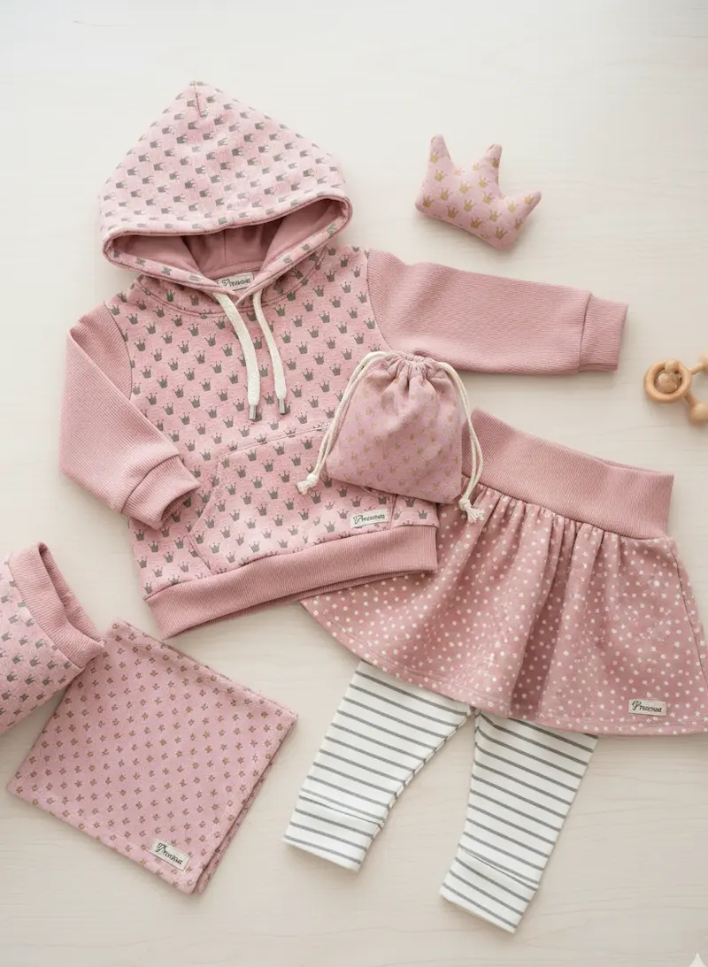Baby- und Kinder-Outfit Set aus rosa French Terry mit Kronen-Muster: Hoodie, Rock mit Punkten, gestreifte Leggings und passendes Zubehör flach liegend auf hellem Holz.