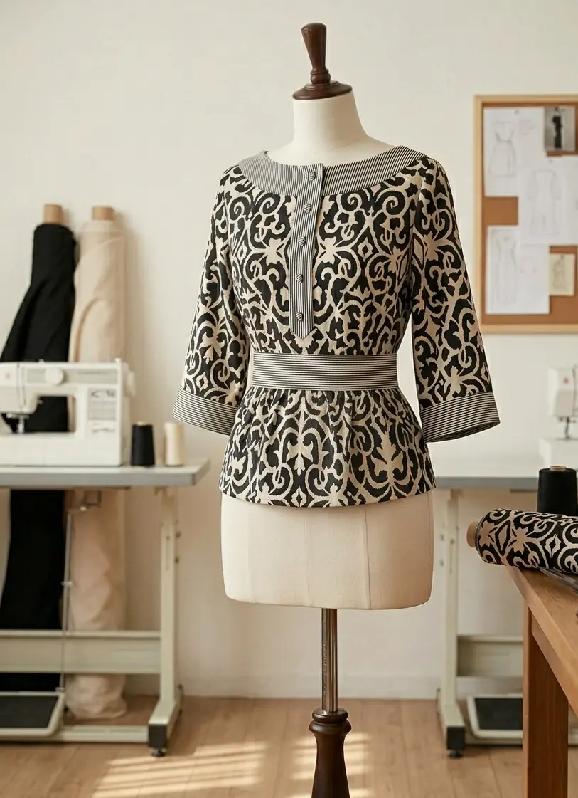 Elegante Schößchen-Bluse aus Viskose-Mix Stoff mit barockem Ornament-Muster in Schwarz und Beige auf einer Schneiderpuppe in einem Nähatelier.