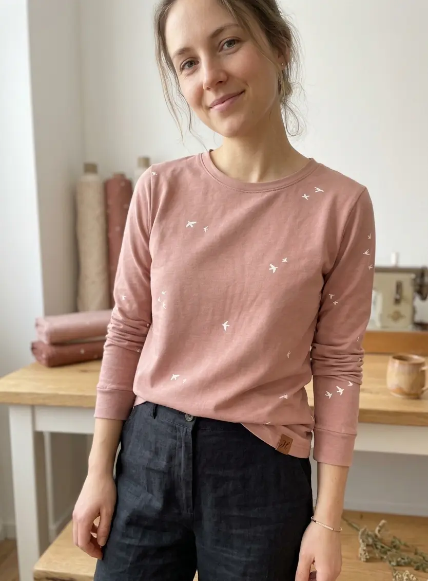 Jersey Terracotta mit Schwalben – Trendfarbe trifft Naturdesign