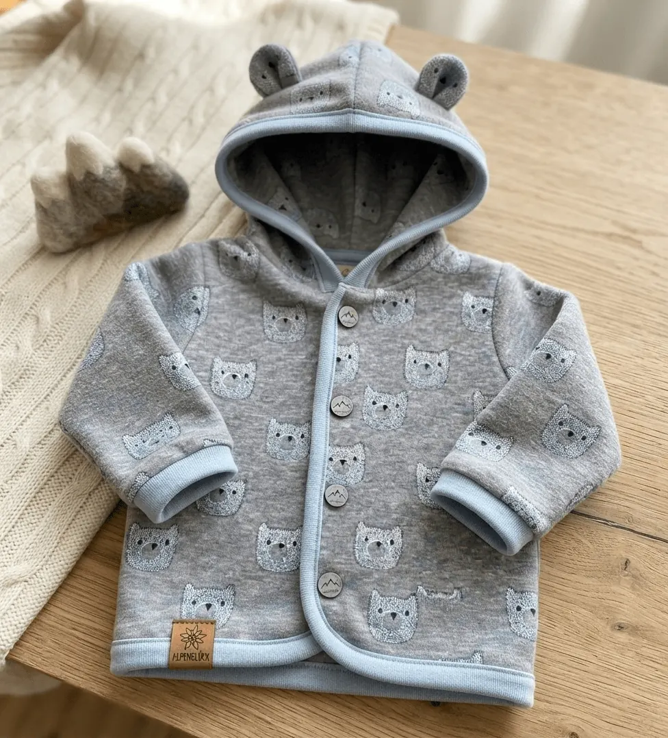 Alpenfleece Meterware in Blaugrau mit süßem Bären-Muster und kuscheliger Plüsch-Rückseite für Babymode