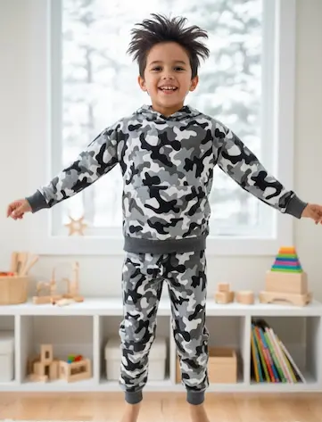 Kind in einem selbstgenähten Hoodie-Set aus Jersey-Stoff mit Camouflage-Muster in Grau, Schwarz und Weiß.