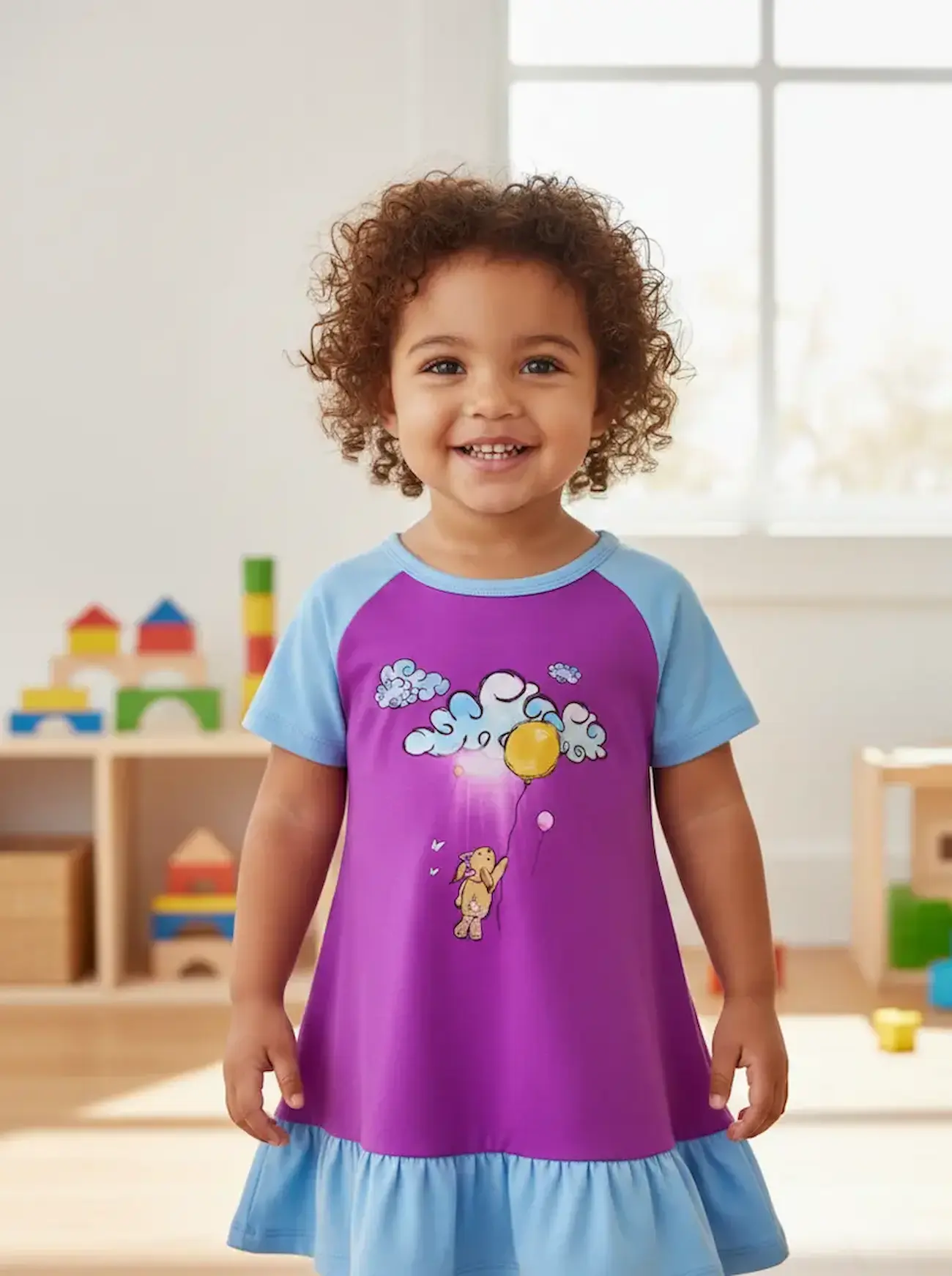 Ein lächelndes Kind trägt ein selbstgenähtes Kleid aus einem lila Baumwolljersey-Panel. Das Motiv zeigt einen kleinen Hasen, der an einem gelben Luftballon unter hellblauen Wolken schwebt. Das Kleid ist mit hellblauen Raglan-Ärmeln und einem passenden Vol
