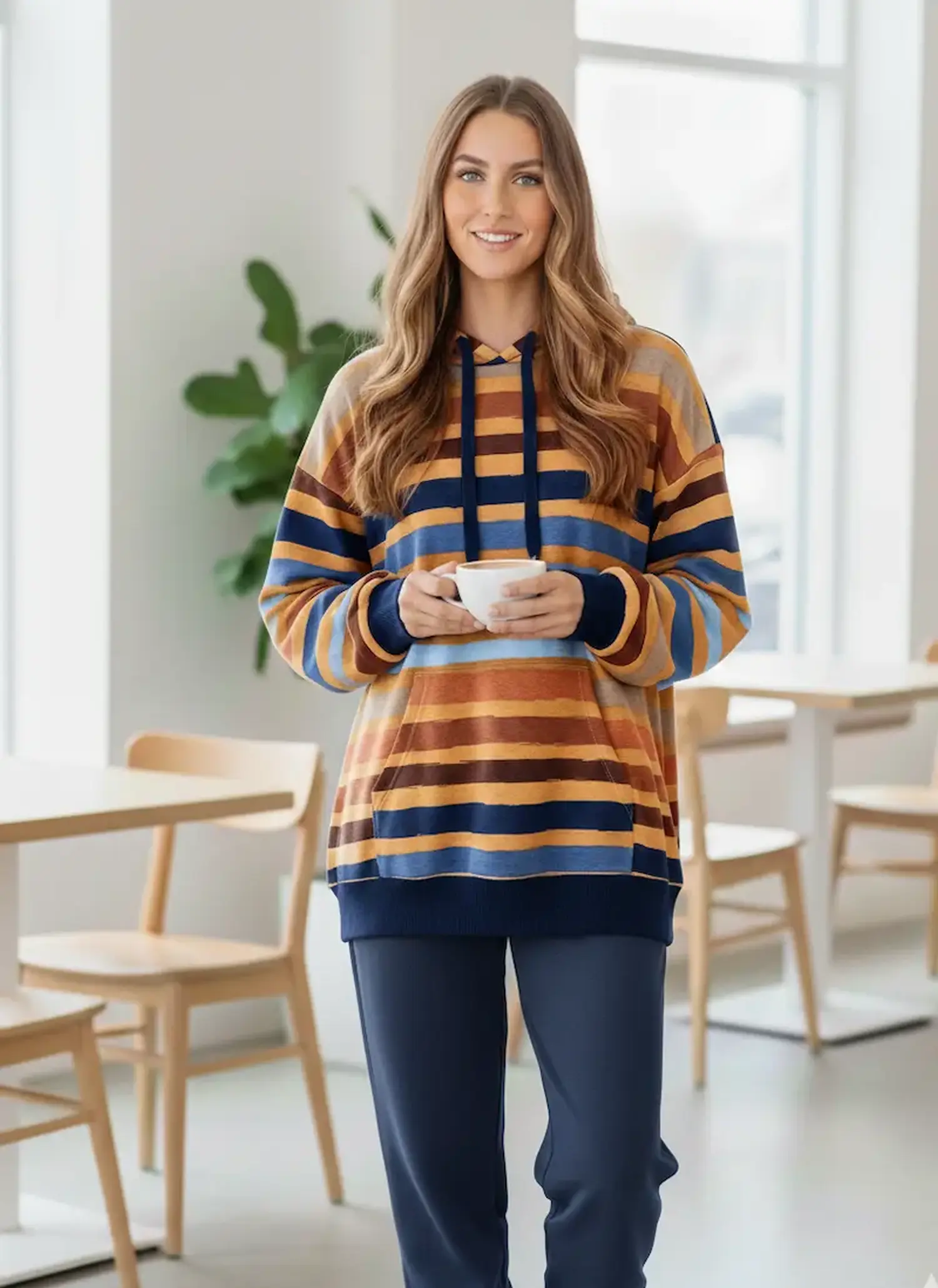 Frau trägt einen selbstgenähten Hoodie aus bunt gestreiftem Sommersweat. Hochwertige Meterware in Senfgelb, Blau und Braun für gemütliche Damenmode.