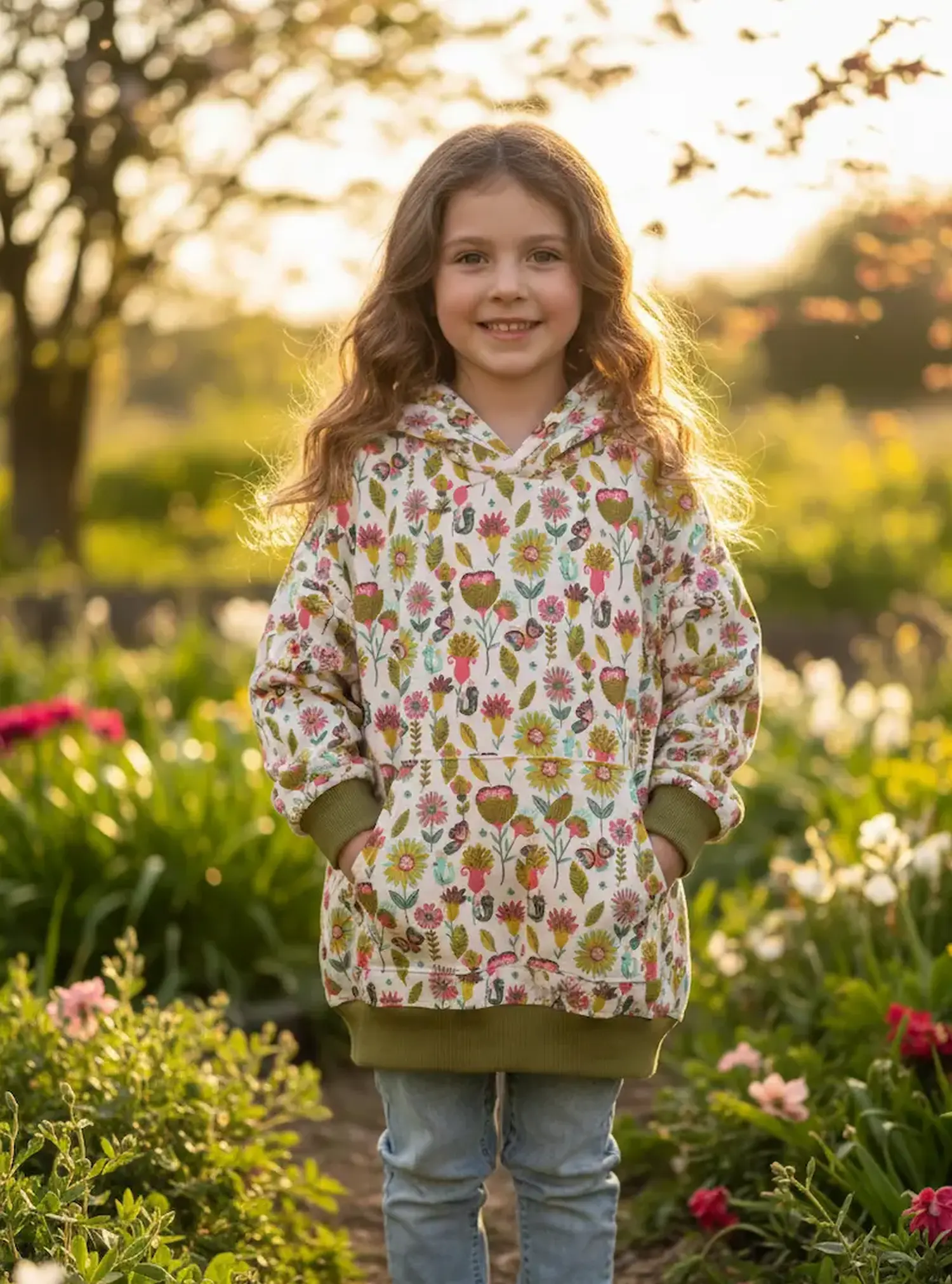 Tragebeispiel für angerauten Sweatstoff: Ein lächelndes Kind in einem selbstgenähten, farbenfrohen Kapuzenpullover mit Blumen- und Vögelmuster sowie olivgrünen Bündchen steht in einem blühenden Garten im warmen Abendlicht.