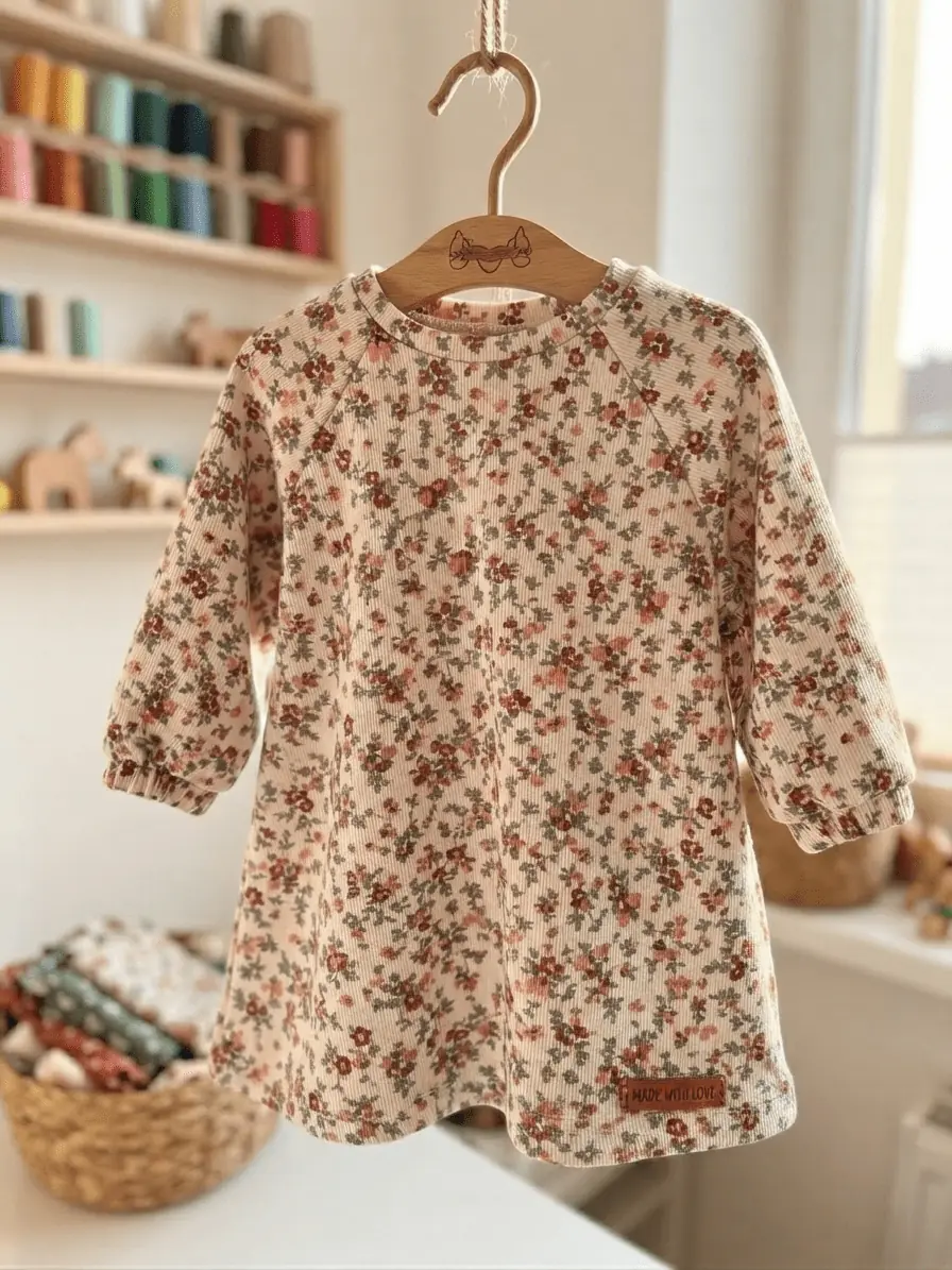 Handgefertigtes langärmeliges Kinderkleid aus glattem French Terry mit floralem Muster in Rostrot und Grün, aufgehängt in einem hellen Nähstudio