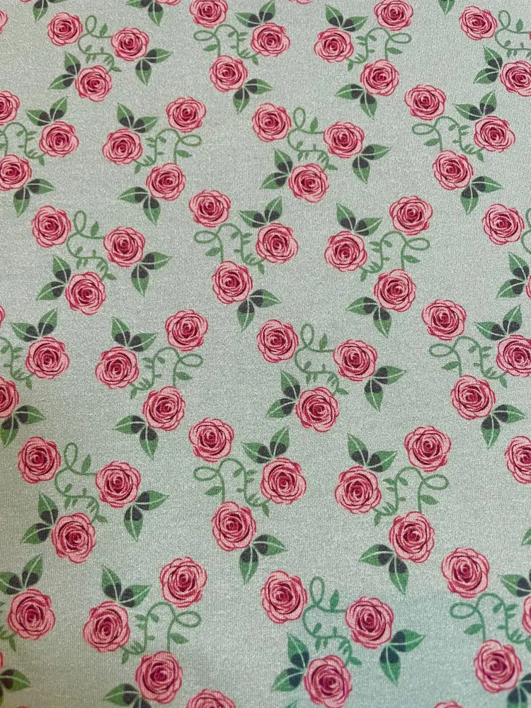 Weicher Jersey-Stoff in Mintgrün mit romantischem Rosen-Print in Rosa und Dunkelrot, klassisches florales Vintage-Design.