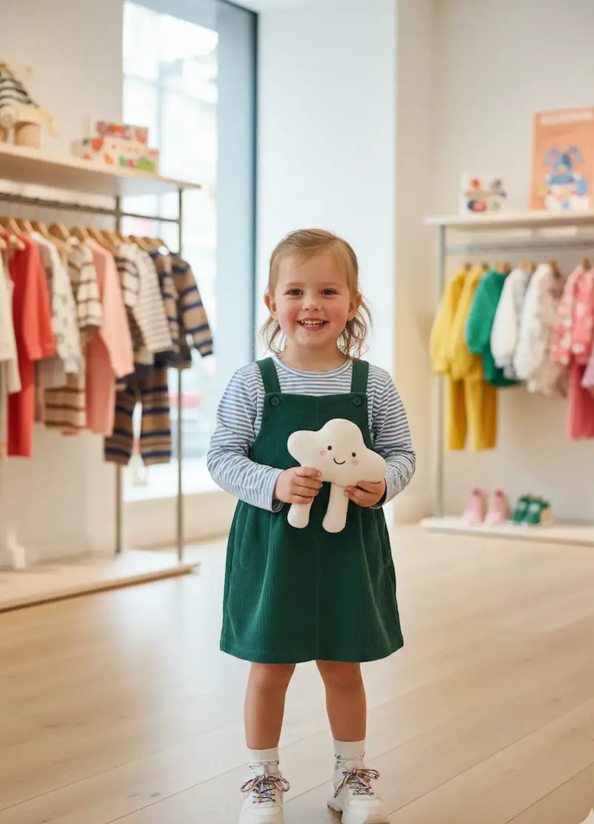 Ein lächelndes kleines Mädchen steht in einem Bekleidungsgeschäft und trägt ein Langarmshirt aus hellblau-weiß gestreiftem Baumwolljersey unter einem grünen Cord-Trägerkleid; ein Beispiel für geschichtete Kindermode.