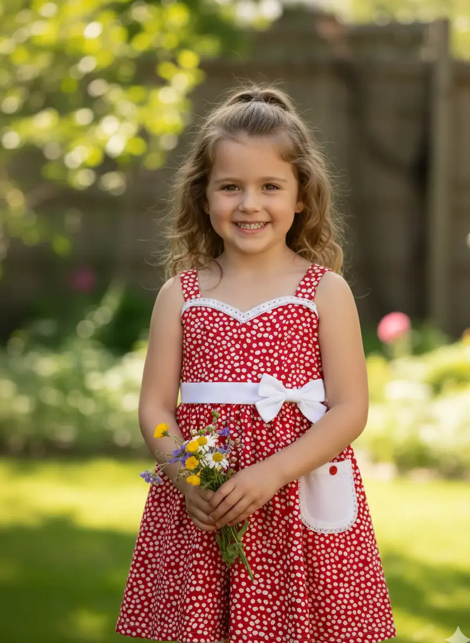 Ein lächelndes kleines Mädchen steht in einem sonnigen Garten und trägt ein selbstgenähtes rotes Trägerkleid mit weißen Punkten, verziert mit einer weißen Schleife und einer aufgesetzten Tasche.