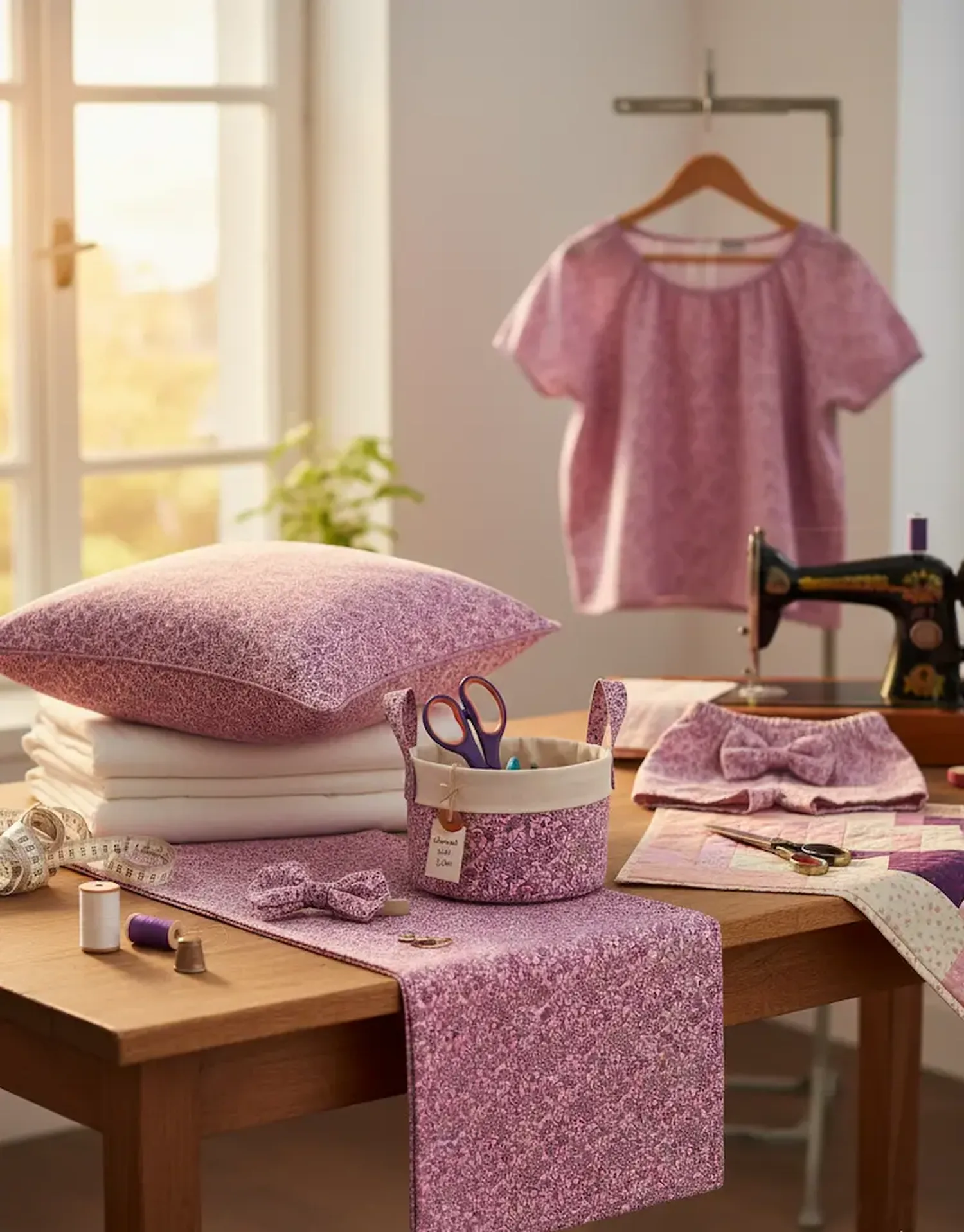 Nahaufnahme von Baumwollstoff als Meterware mit elegantem, floralem Rankenmuster in hellem Weiß auf pinkfarbenem Hintergrund