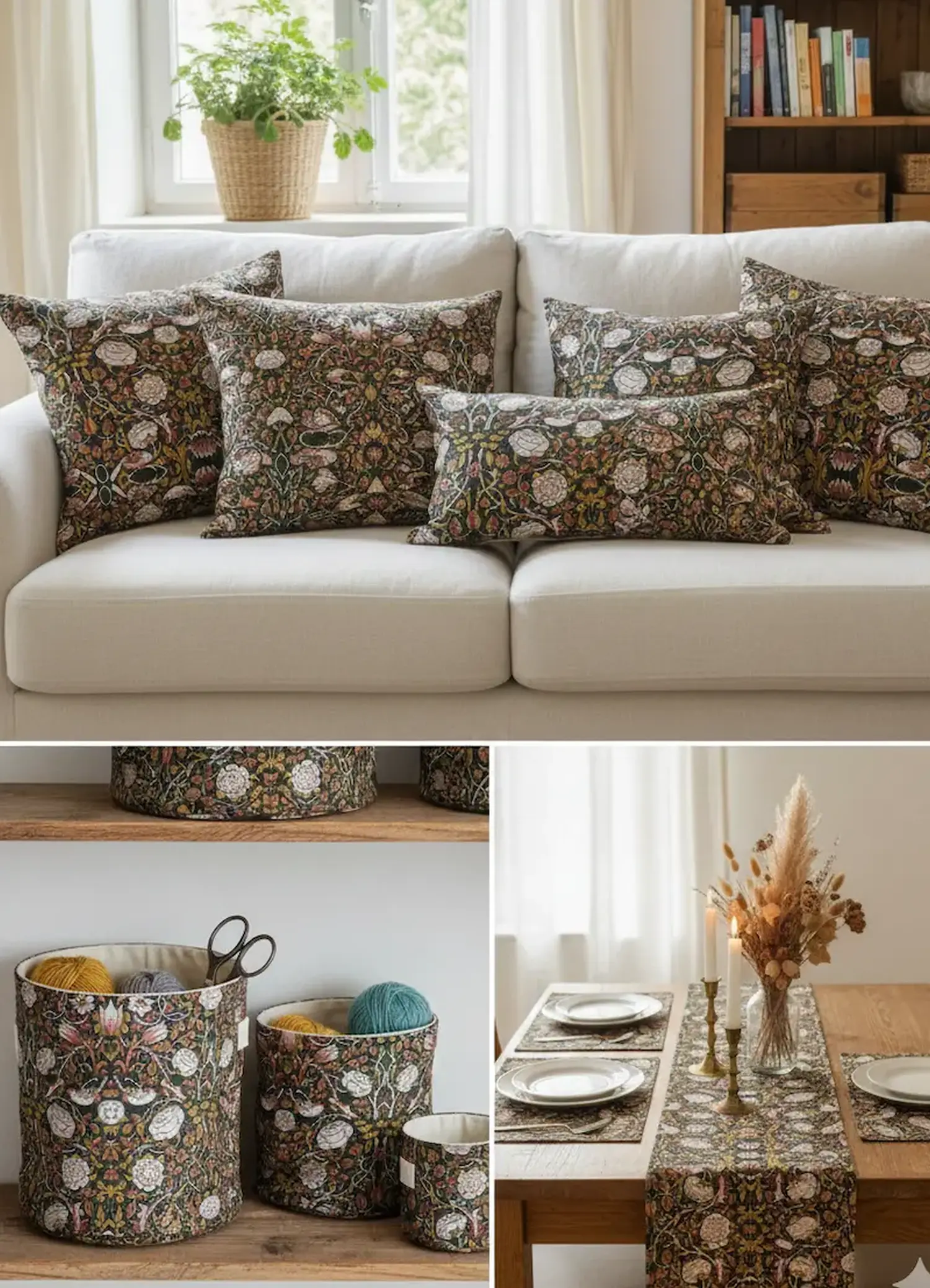 Dreiteilige Bildcollage mit Nähbeispielen aus einem gemusterten Baumwolle-Stretch-Stoff: Oben dekorative Sofakissen auf einer hellen Couch. Unten links selbstgenähte Stoffkörbe zur Aufbewahrung von Wolle. Unten rechts ein gedeckter Holztisch mit passendem