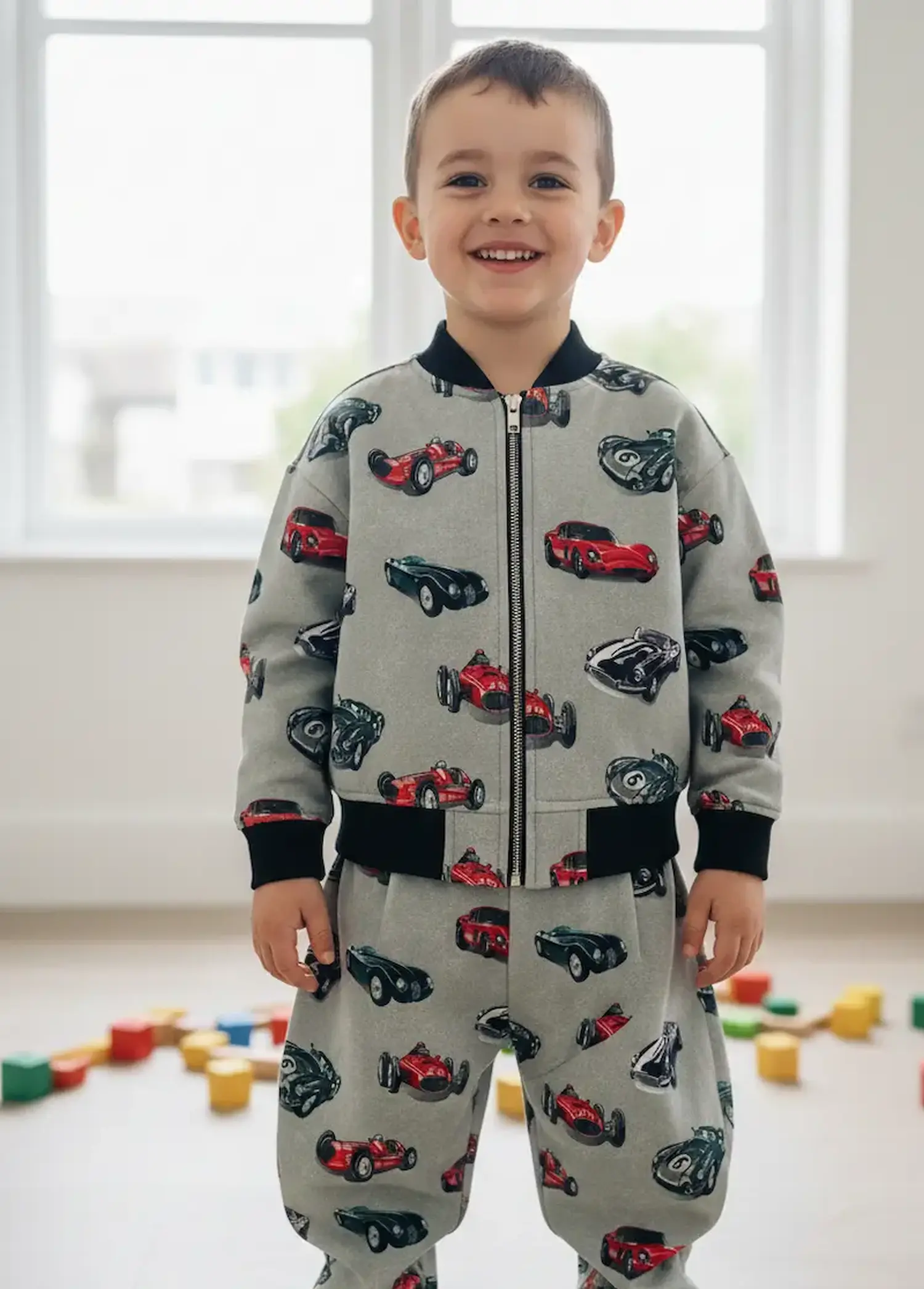 Genähte Jacke und Hose aus grauem Sweatstoff mit Retro-Rennwagen-Motiv, dargestellt als Nähbeispiel an einem Kind.