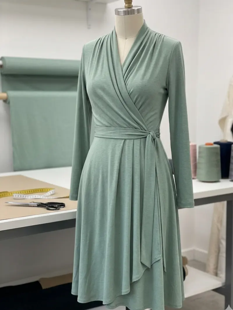 Ein elegantes Wickelkleid aus salbeigrünem Baumwolljersey auf einer Schneiderpuppe in einem Nähatelier mit Stoffrollen im Hintergrund.