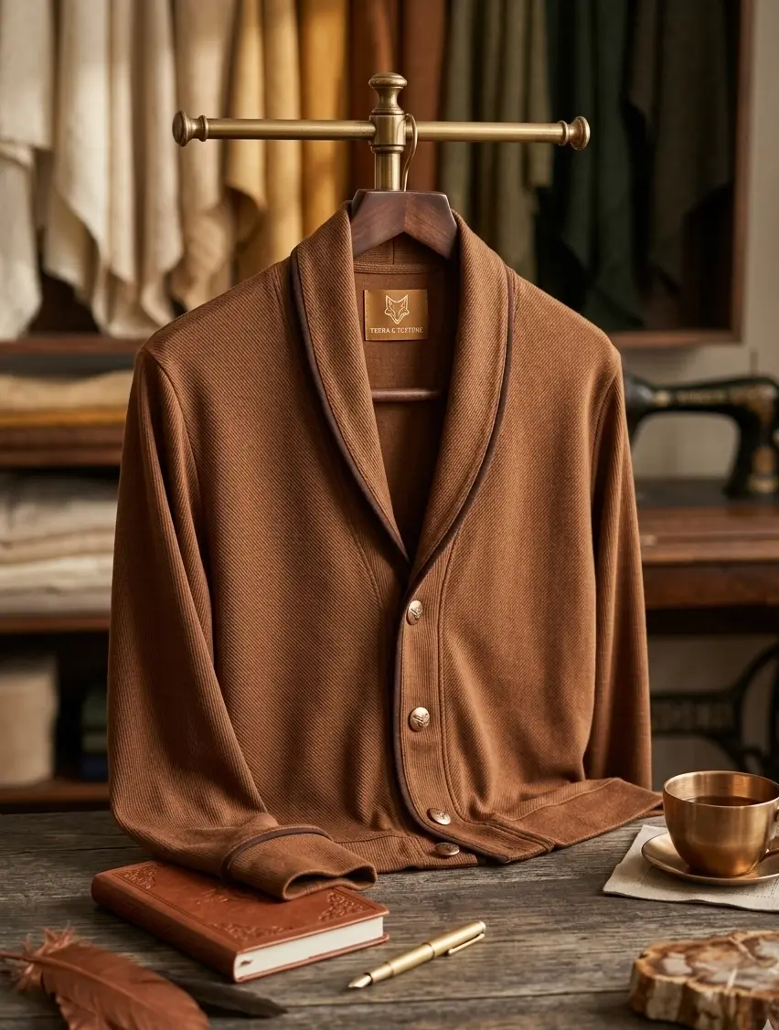 Hochwertiger Herren-Cardigan aus braunem Baumwolljersey mit Schalkragen und Knöpfen, präsentiert auf einem Holzständer in einer Schneiderwerkstatt.