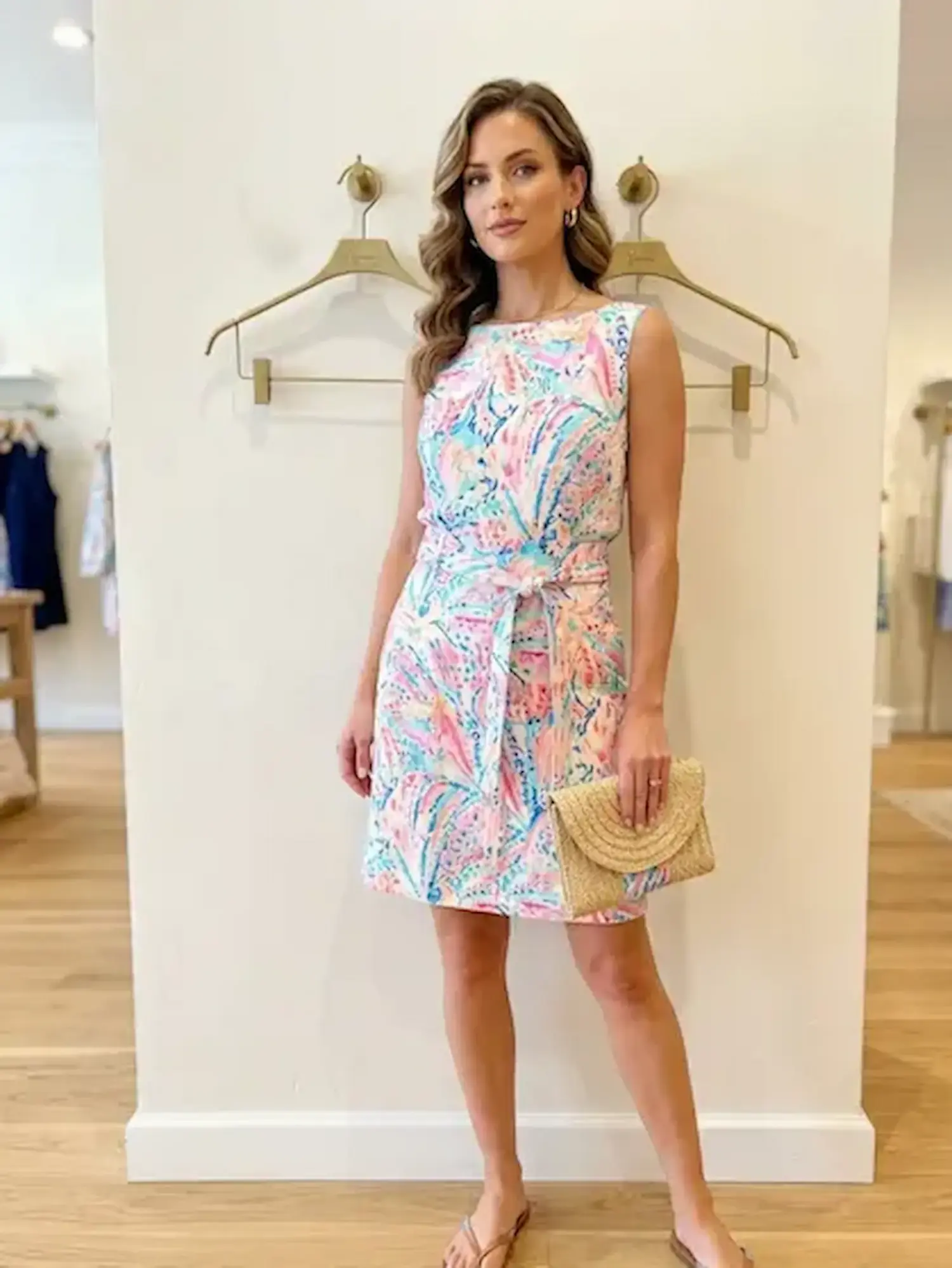 Bunter Viskose-Stretch-Stoff als Meterware mit abstraktem Allover-Print in Pastelltönen wie Rosa, Hellblau und Türkis, ideal für elastische Sommerkleider und Shirts