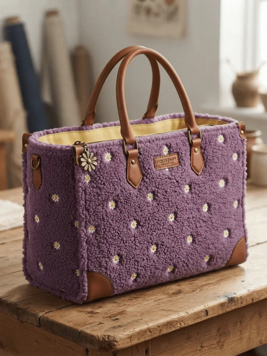 Große XXL-Tasche und Shopper aus flauschigem Teddyplüsch in Beere-Mauve mit Gänseblümchen-Bestickung und braunen Ledergriffen.