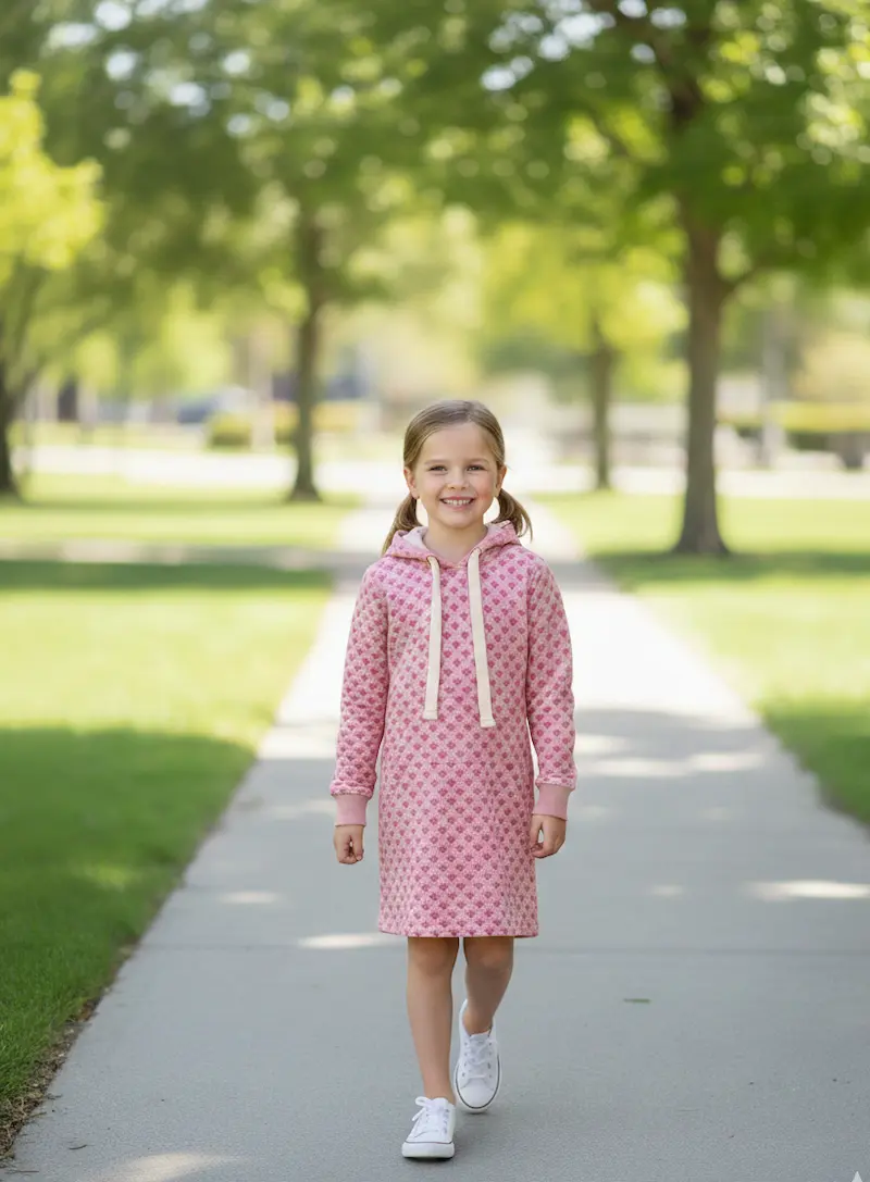 Lächelndes Mädchen in einem Kapuzenkleid aus rosa French Terry Stoff mit geometrischem Muster auf einem Gehweg im Park