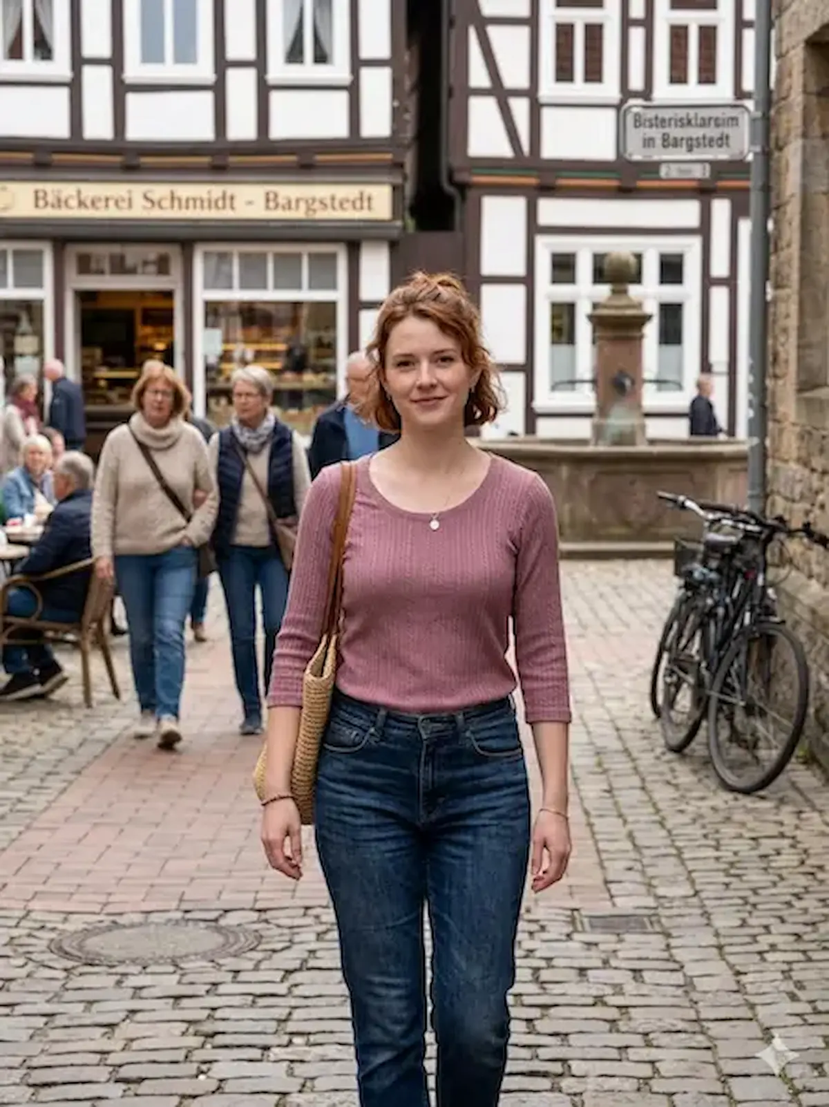 Frau in einem mauvefarbenen Langarmshirt aus Jacquard-Jersey mit Zopfstrick-Optik, spazierend durch eine historische Gasse mit Fachwerkhäusern.