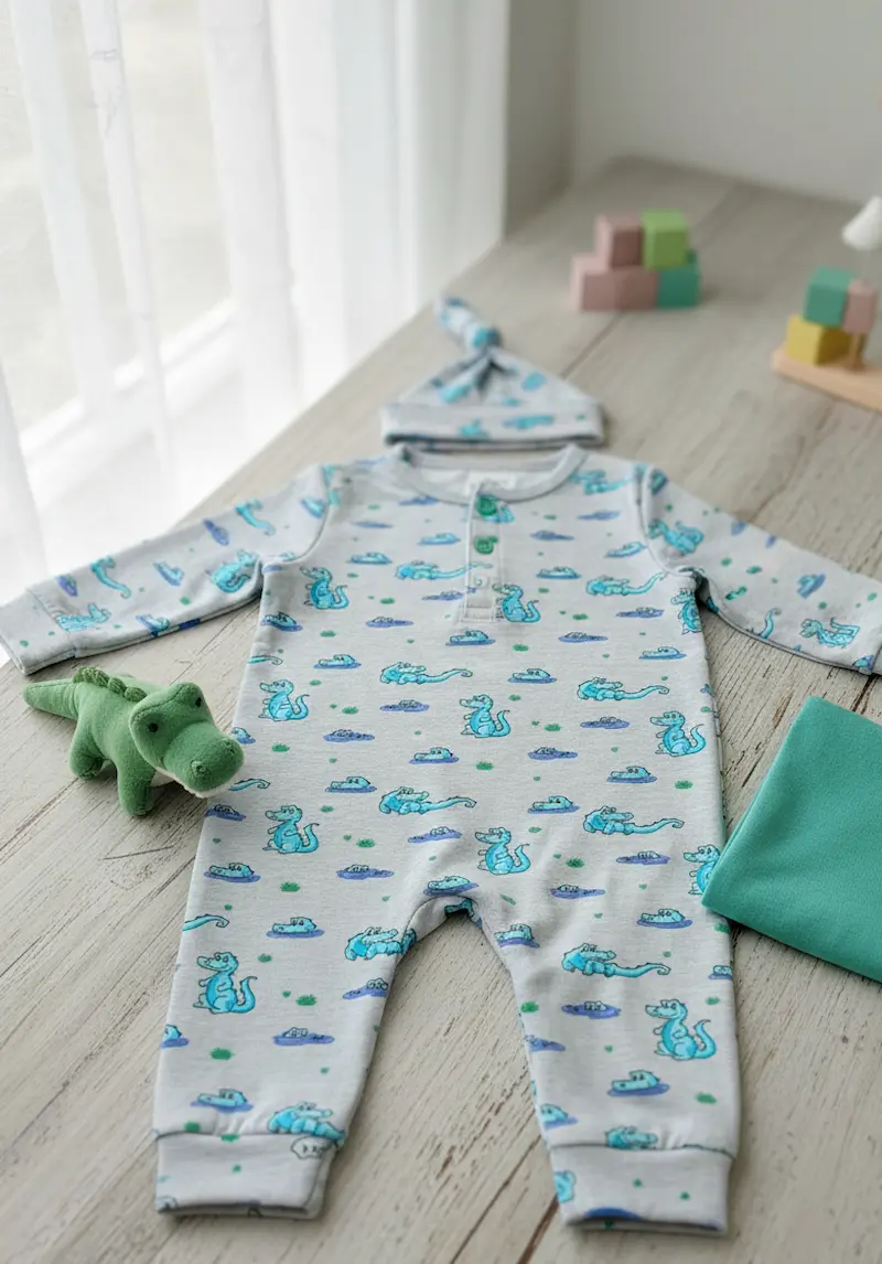 Aus Baumwolljersey mit Krokodil-Motiv genähter Baby-Strampler und passende Knotenmütze auf einem hellen Holztisch.