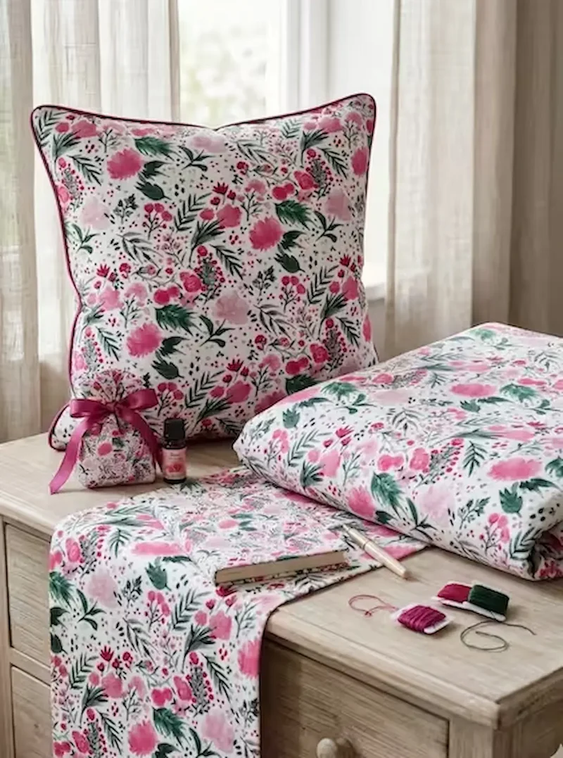 Hochwertige Baumwolle-Webware als Meterware mit floralem Muster aus pinken Blumen und grünen Blättern, dekoriert als genähtes Dekokissen, Tischläufer und Bettwäsche auf einer Holzkommode.