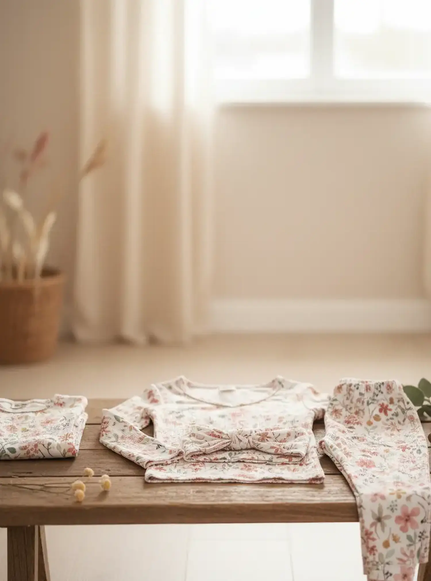 Ein genähtes Baby-Set bestehend aus einem langärmeligen Shirt mit Schleife, einer Leggings und einem gefalteten Kleidungsstück aus weichem Rippenjersey mit zartem Blumenmuster auf einer Holzbank.