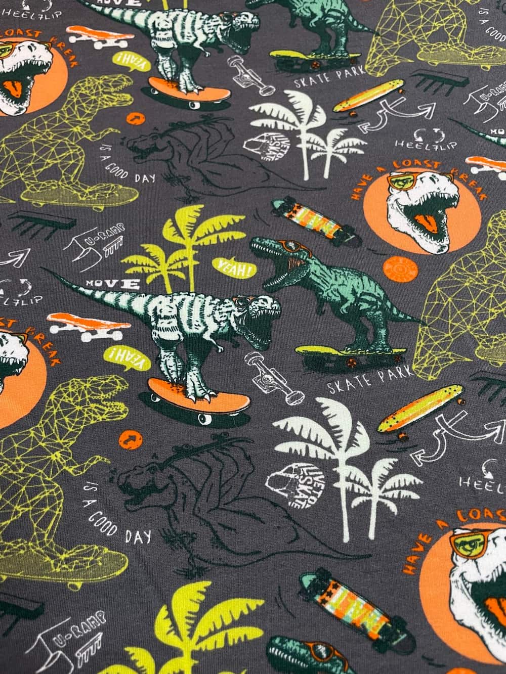 Warmer Alpenfleece Stoff in Anthrazit mit Dinosauriern auf Skateboards, weicher Kuschelsweat für Jungen, Meterware.