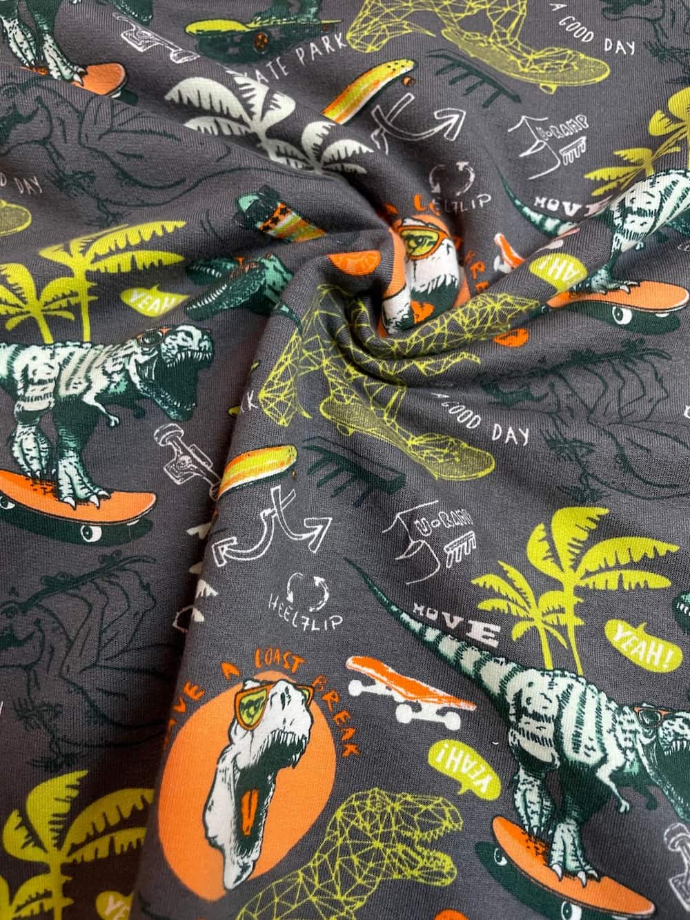 Kuschelweicher Alpenfleece-Stoff als Meterware in Anthrazit. Der Stoff ist gerafft fotografiert und zeigt ein cooles Allover-Muster mit T-Rex-Dinosauriern auf Skateboards, Palmen, Skatepark-Rampen und Schriftzügen wie „Skate Park“ und „Yeah!“. Die Grafike