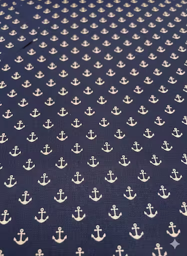 Nahaufnahme eines marineblauen Baumwollstoffs mit einem dichten, gleichmäßigen Muster aus kleinen, weißen Ankern. Die feine Webstruktur des Stoffes ist sichtbar.