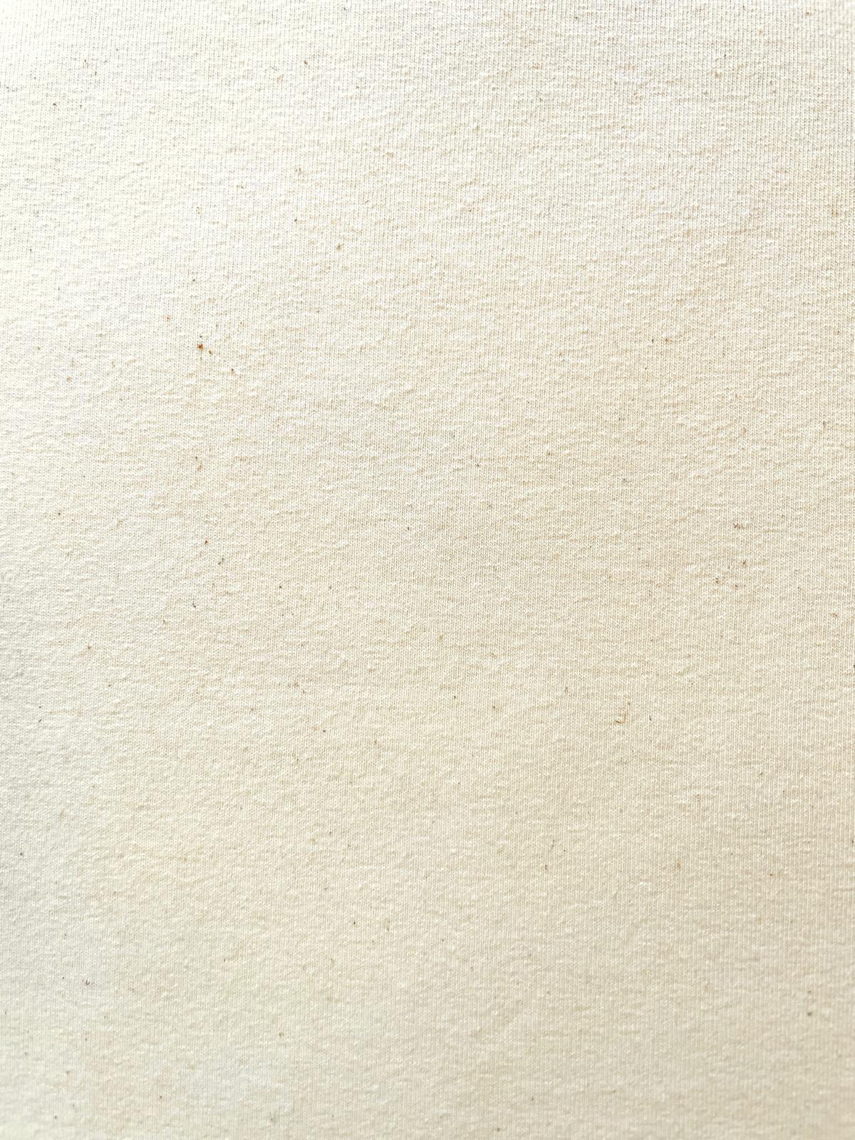Nahaufnahme eines naturfarbenen (Ecru) Jerseystoffs mit feiner Melange-Struktur aus 95% Baumwolle, blickdichte 220g-Qualität für Bekleidung.