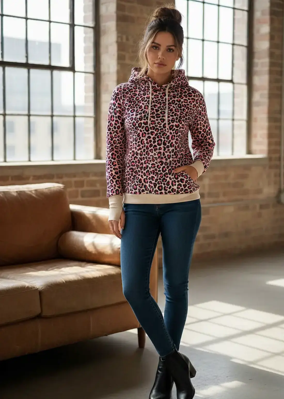 Frau trägt einen Kapuzenpullover aus rosa-beere French Terry Stoff mit Leopard-Druck. Der Hoodie zeigt helle Kontrastbündchen und Kordeln, was die Vielseitigkeit des Leo-Sommersweats als Meterware für moderne DIY-Bekleidung unterstreicht.
