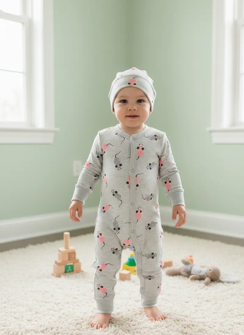 Hochwertiger Baumwolljersey als Meterware in Grau-Melange mit rosa Mäuse-Print. Das Bild zeigt einen Baby-Strampler und eine passende Mütze aus dem elastischen Jerseystoff, ideal für gemütliche Baby-Schlafanzüge und Accessoires.