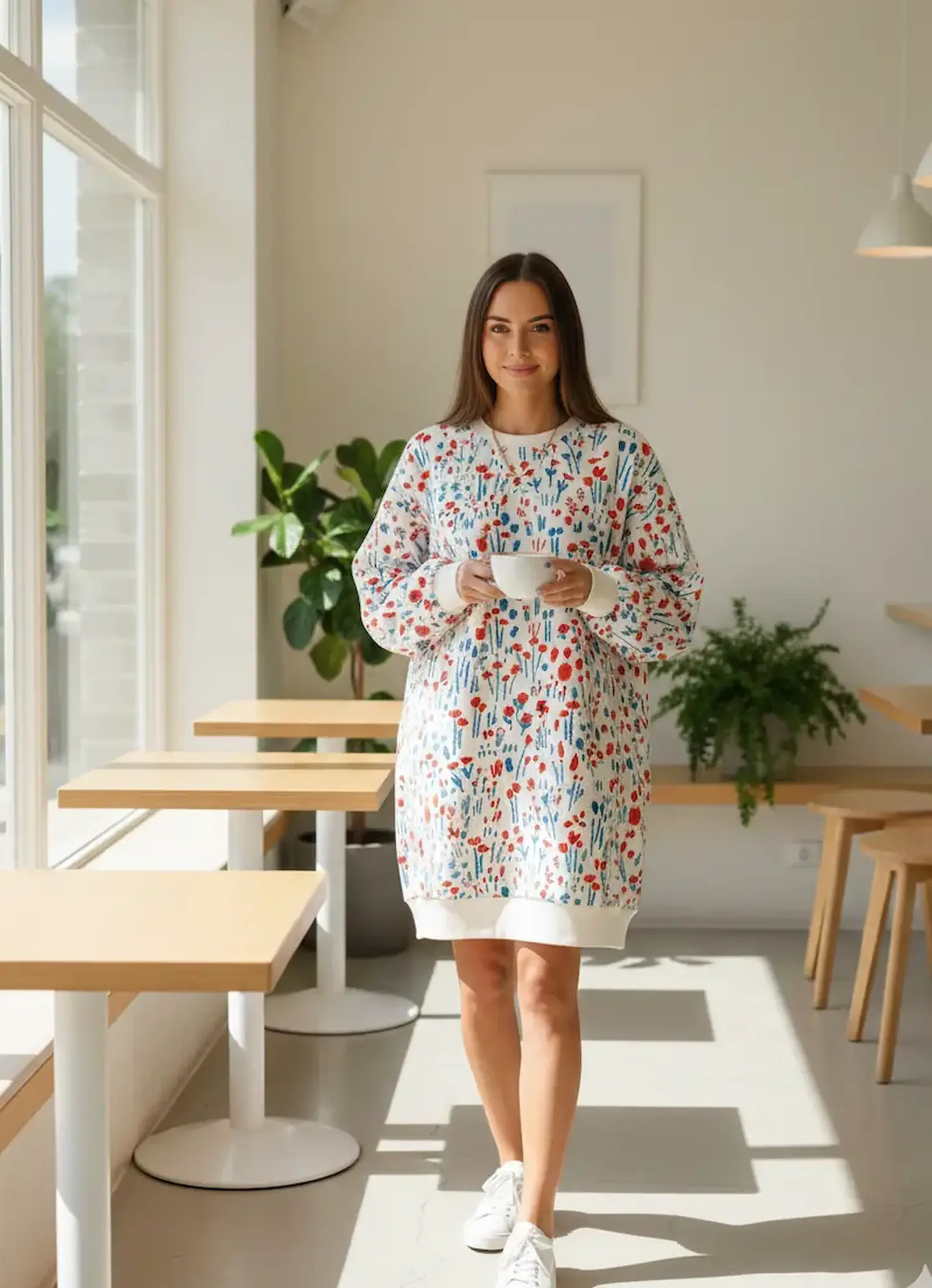 Frau trägt ein Sweatkleid aus weißer Sommersweat-Meterware mit abstraktem Blumenprint in Rot und Blau. Hochwertiger Stoff für Damenbekleidung.