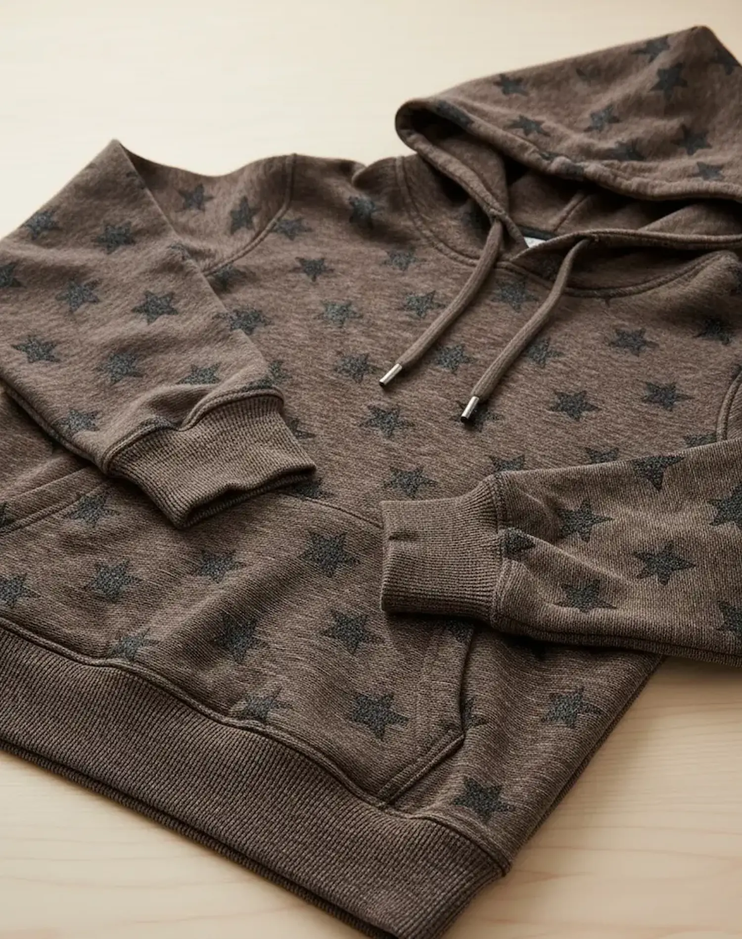 Selbstgenähter Kinder-Hoodie aus braun-meliertem Sweatstoff mit dunkelgrauen Sternen, Kängurutasche, Kapuze und breiten Rippbündchen.