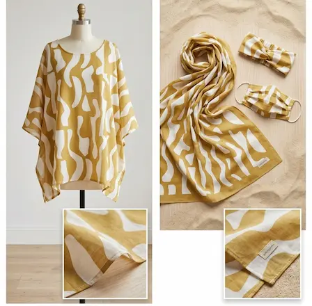 Leichter Baumwoll-Voile Stoff als Meterware in Creme und Olivgelb mit abstraktem Wellenmuster, präsentiert als Tunika, Schal und Stirnband.