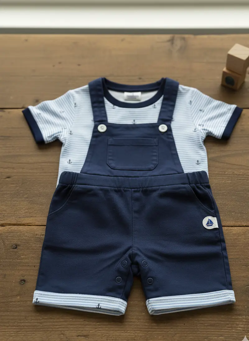 Ein handgenähtes Baby-Set bestehend aus einem T-Shirt aus hellblau-weiß gestreiftem Anker-Baumwolljersey und einer kurzen dunkelblauen Latzhose mit umgeschlagenen Säumen im Anker-Design; präsentiert als Nähbeispiel für maritime Kinder-Meterware.