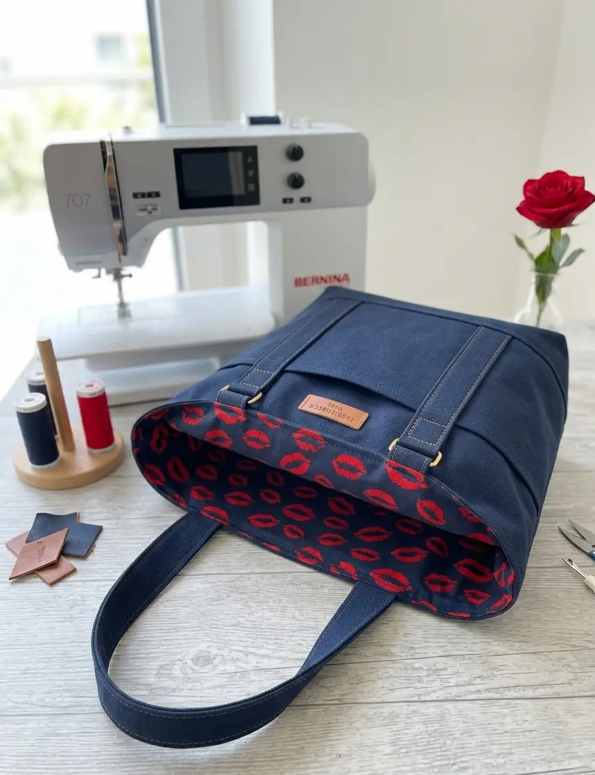 Handgenähte dunkelblaue Canvas-Tasche mit Innenfutter aus Baumwolle Popeline Meterware mit roten Kussmündern vor einer Bernina Nähmaschine.