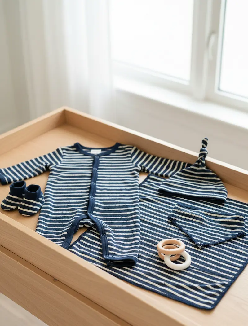Ein handgenähtes Baby-Set bestehend aus Strampler, Mützchen, Halstuch und Schühchen aus blau-weiß gestreiftem Baumwolljersey; präsentiert auf einem hölzernen Wickeltisch als Inspiration für DIY-Babykleidung aus hochwertiger Meterware.