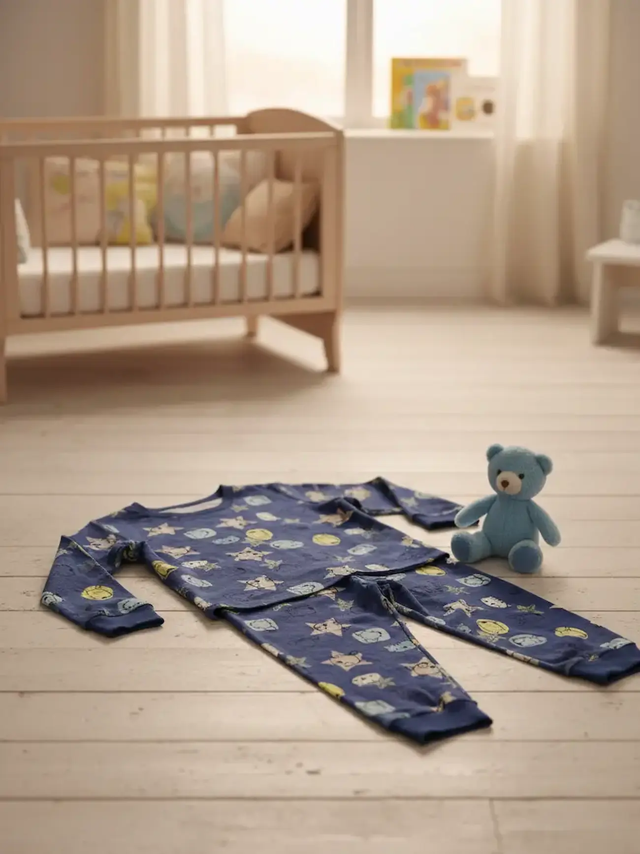 Genähtes Anwendungsbeispiel aus unserem dunkelblauen Baumwolljersey mit Doodle-Tiergesichtern: Ein langärmliger Kinder-Schlafanzug liegt ausgebreitet auf hellem Holzboden in einem Babyzimmer, dekoriert mit einem blauen Plüsch-Teddybären.