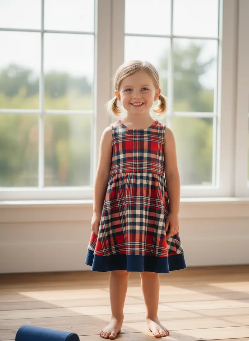Kind trägt ein ärmelloses Kleid aus kariertem French Terry Stoff in Rot, Blau und Beige mit dunkelblauem Saumabschluss.